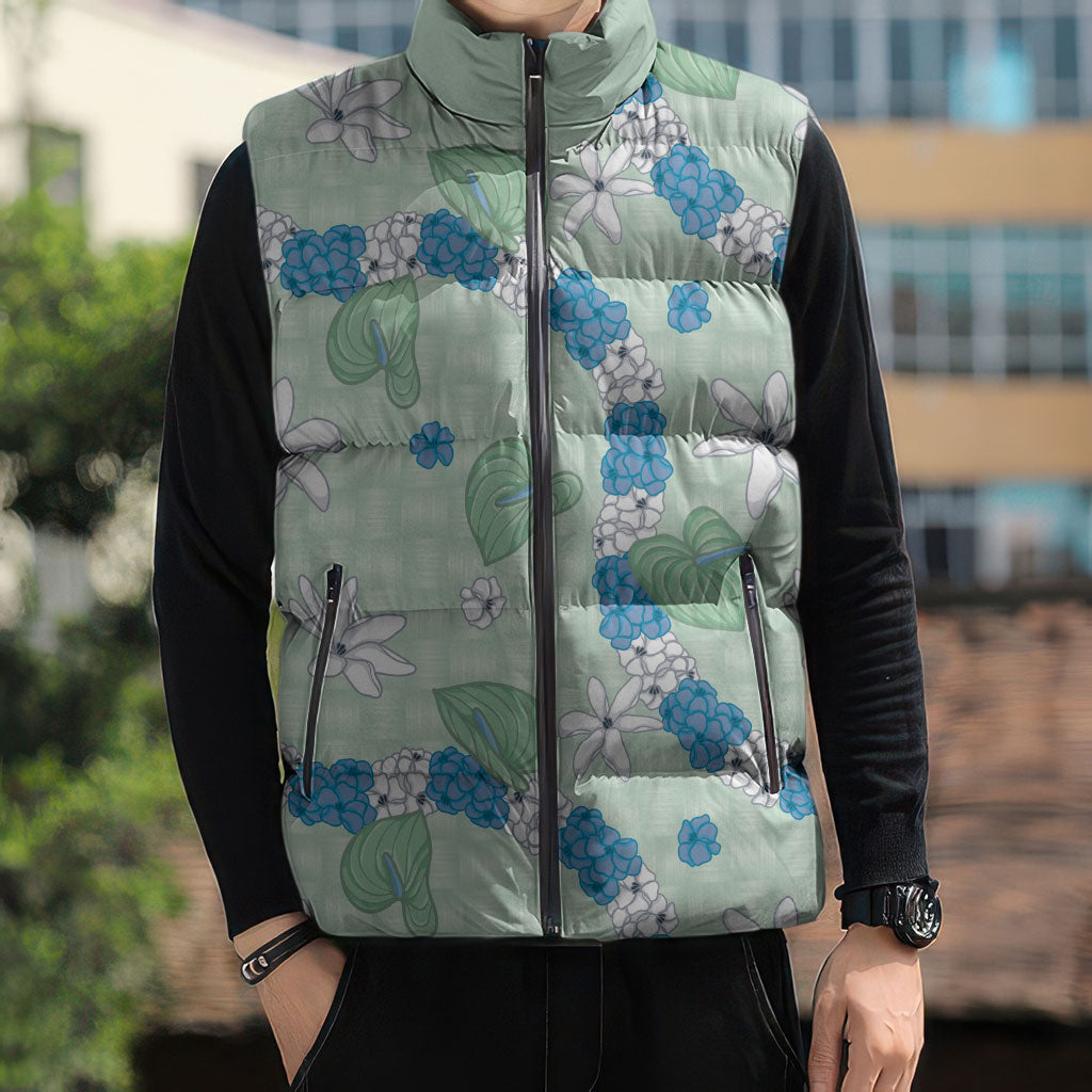 Hawaii Anthurium Tiare Pikake Lei Sleeveless Puffer Jacket Omaomao Lauhala Art Pattern LT01 - Polynesian Pride