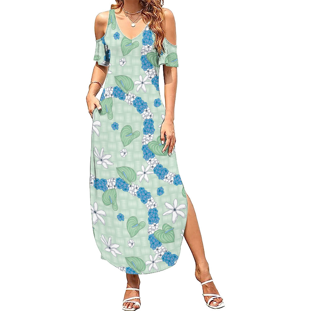 Hawaii Anthurium Tiare Pikake Lei Summer Maxi Dress Omaomao Lauhala Art Pattern LT01 Women Green - Polynesian Pride