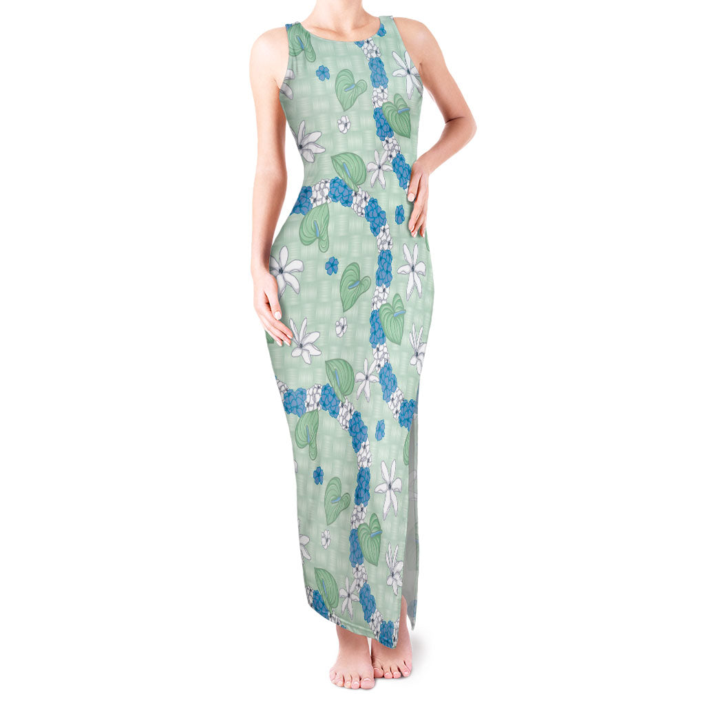 Hawaii Anthurium Tiare Pikake Lei Tank Maxi Dress Omaomao Lauhala Art Pattern LT01 Women Green - Polynesian Pride