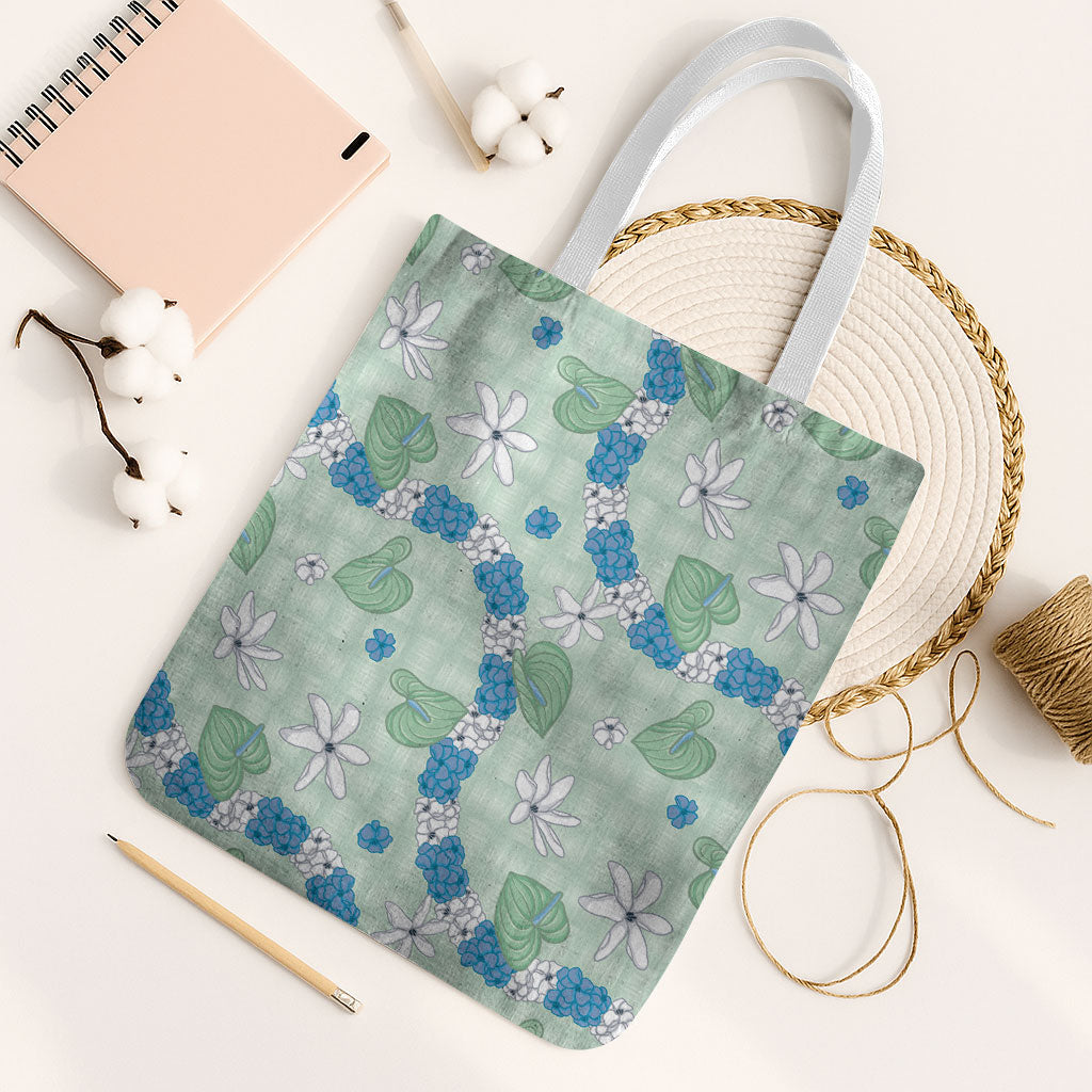 Hawaii Anthurium Tiare Pikake Lei Tote Bag Omaomao Lauhala Art Pattern LT01 White Strap One Size Green - Polynesian Pride