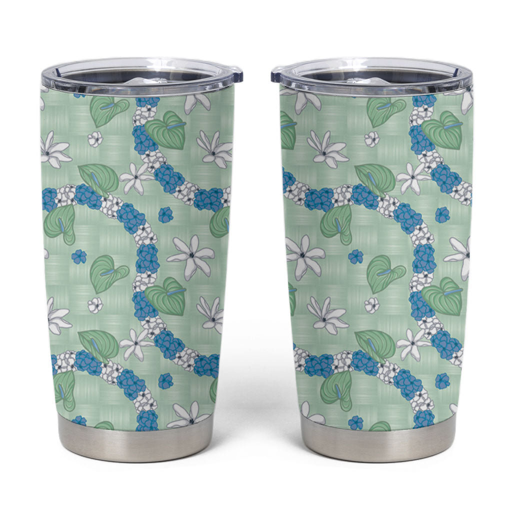 Hawaii Anthurium Tiare Pikake Lei Tumbler Cup Omaomao Lauhala Art Pattern LT01 Green - Polynesian Pride