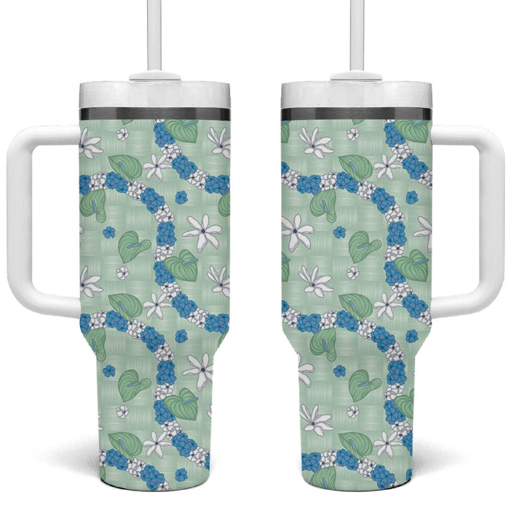 Hawaii Anthurium Tiare Pikake Lei Tumbler With Handle Omaomao Lauhala Art Pattern LT01 One Size: 40 oz Green - Polynesian Pride