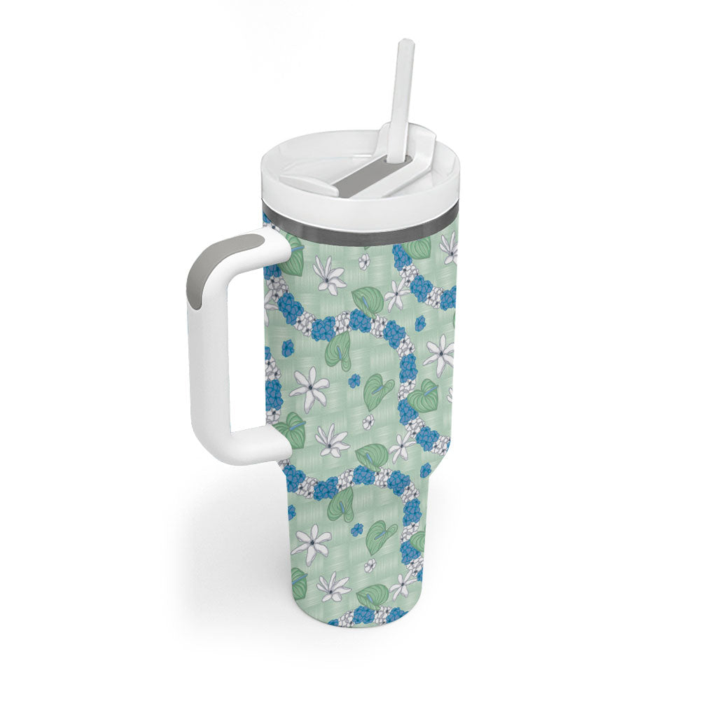 Hawaii Anthurium Tiare Pikake Lei Tumbler With Handle Omaomao Lauhala Art Pattern LT01 - Polynesian Pride