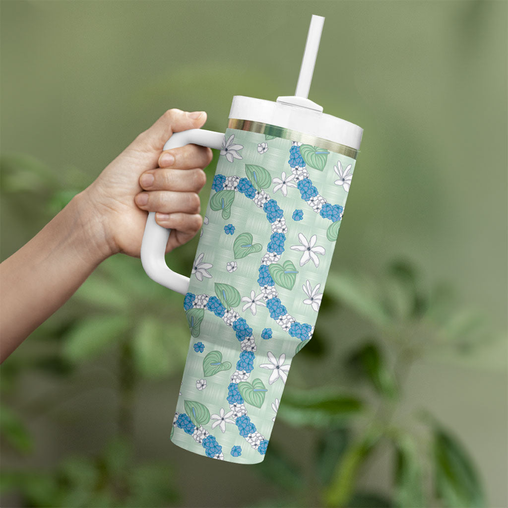 Hawaii Anthurium Tiare Pikake Lei Tumbler With Handle Omaomao Lauhala Art Pattern LT01 - Polynesian Pride
