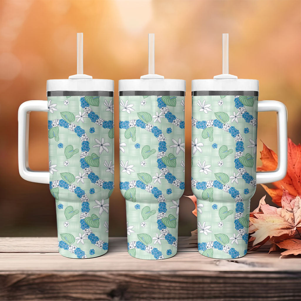 Hawaii Anthurium Tiare Pikake Lei Tumbler With Handle Omaomao Lauhala Art Pattern LT01 - Polynesian Pride