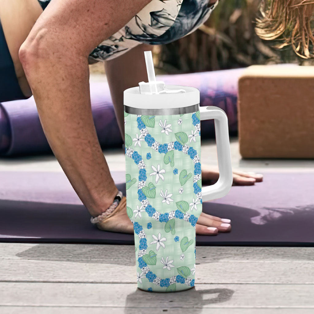 Hawaii Anthurium Tiare Pikake Lei Tumbler With Handle Omaomao Lauhala Art Pattern LT01 - Polynesian Pride