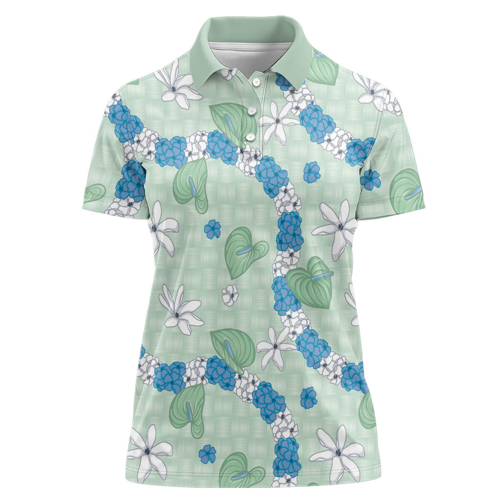 Hawaii Anthurium Tiare Pikake Lei Women Polo Shirt Omaomao Lauhala Art Pattern LT01 Female Green - Polynesian Pride