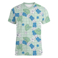 Hawaii Anthurium Tiare Pikake Lei Women V-Neck T-Shirt Omaomao Lauhala Art Pattern LT01 Female Green - Polynesian Pride