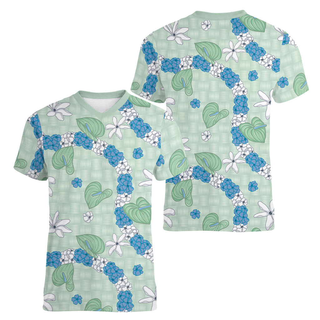 Hawaii Anthurium Tiare Pikake Lei Women V-Neck T-Shirt Omaomao Lauhala Art Pattern LT01 - Polynesian Pride