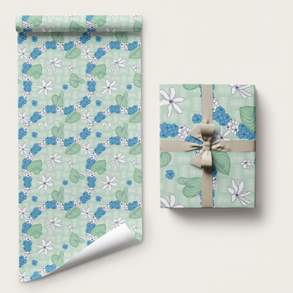 Hawaii Anthurium Tiare Pikake Lei Wrapping Paper Omaomao Lauhala Art Pattern LT01 58" × 23" Green - Polynesian Pride
