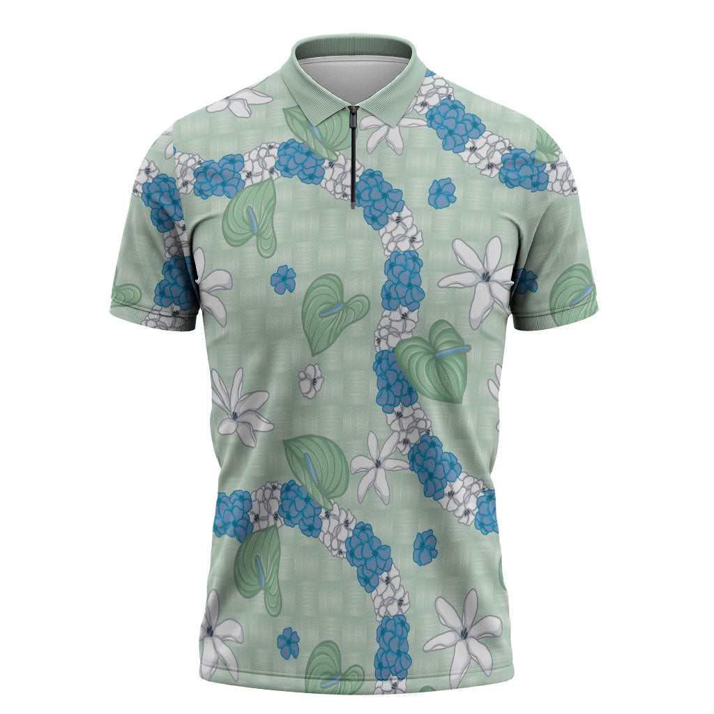Hawaii Anthurium Tiare Pikake Lei Zipper Polo Shirt Omaomao Lauhala Art Pattern LT01 Green - Polynesian Pride