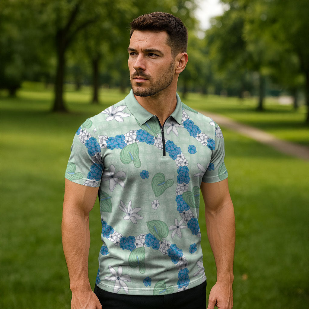 Hawaii Anthurium Tiare Pikake Lei Zipper Polo Shirt Omaomao Lauhala Art Pattern LT01 - Polynesian Pride