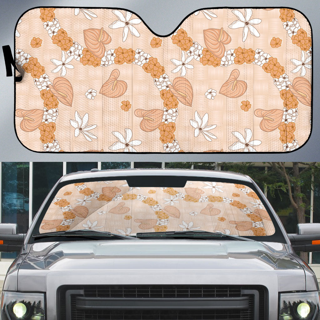 Hawaii Anthurium Tiare Pikake Lei Auto Sun Shade Alani Lauhala Art Pattern LT01 Orange - Polynesian Pride