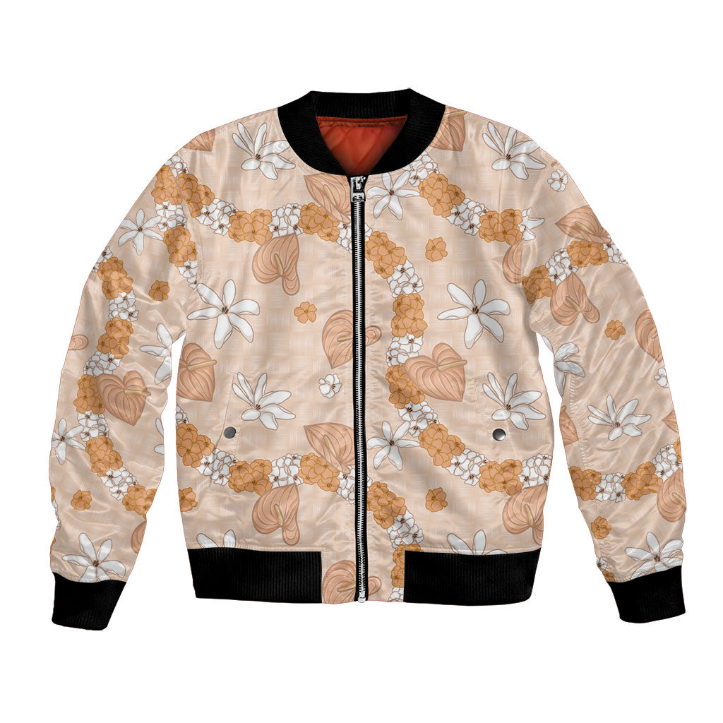 Hawaii Anthurium Tiare Pikake Lei Bomber Jacket Alani Lauhala Art Pattern LT01 Unisex Orange - Polynesian Pride