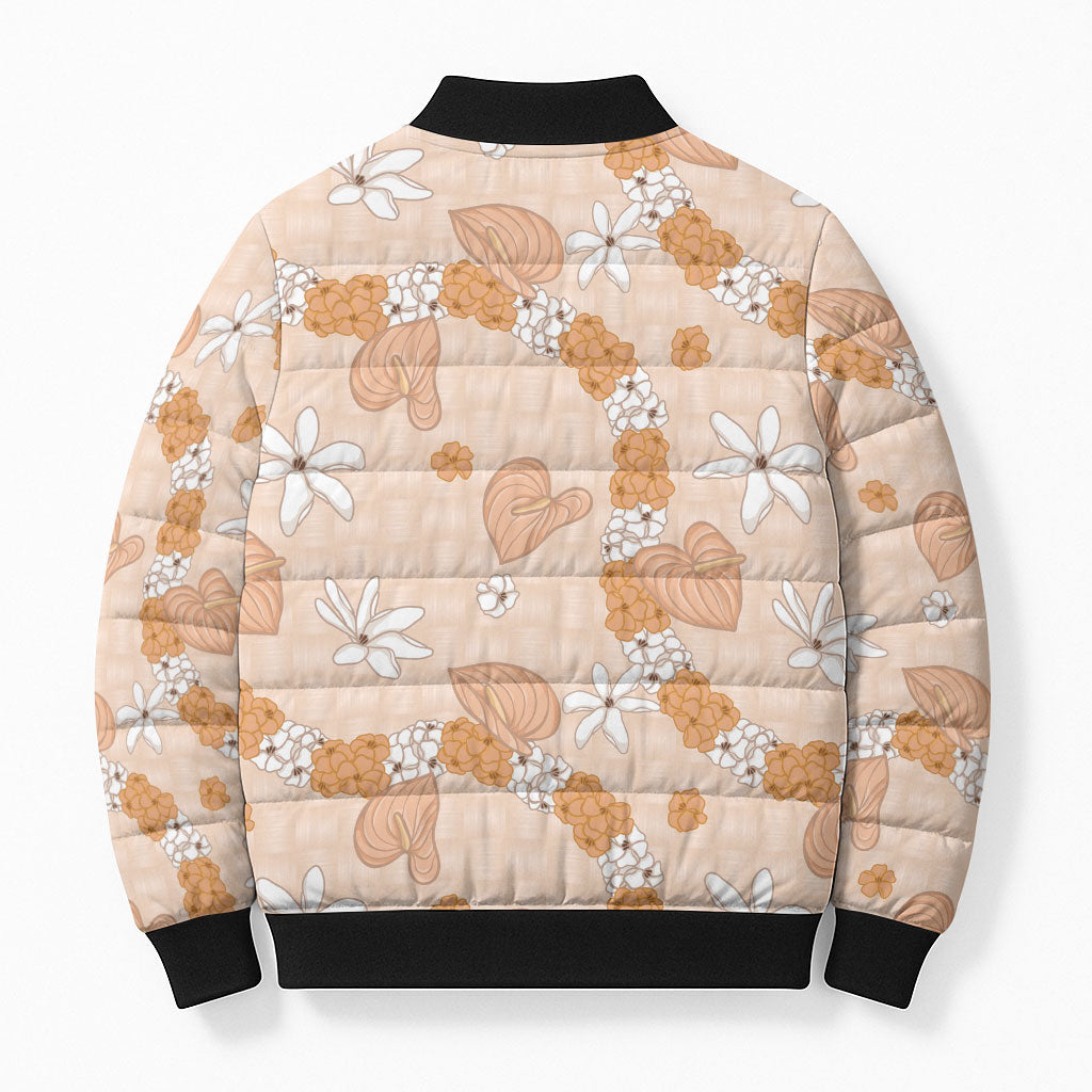 Hawaii Anthurium Tiare Pikake Lei Bomber Puffer Jacket Alani Lauhala Art Pattern LT01 - Polynesian Pride