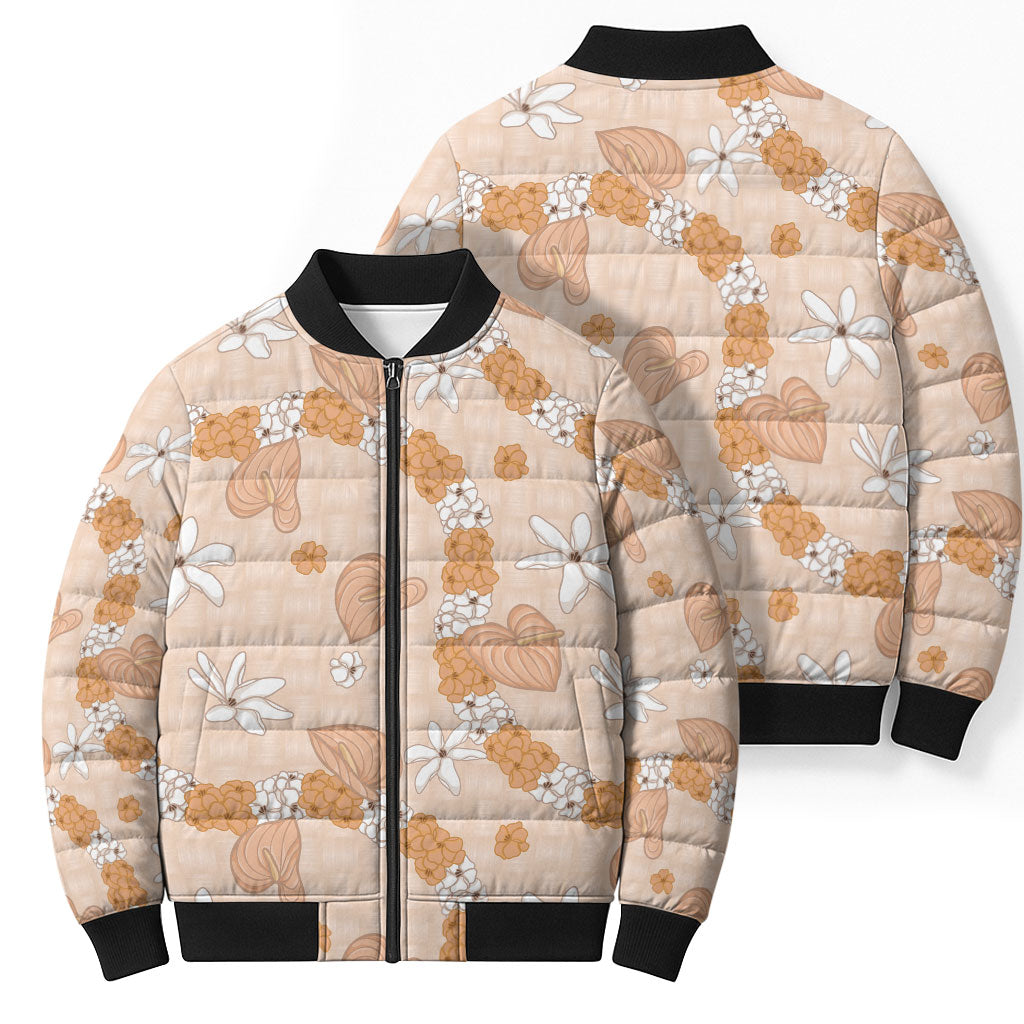 Hawaii Anthurium Tiare Pikake Lei Bomber Puffer Jacket Alani Lauhala Art Pattern LT01 - Polynesian Pride