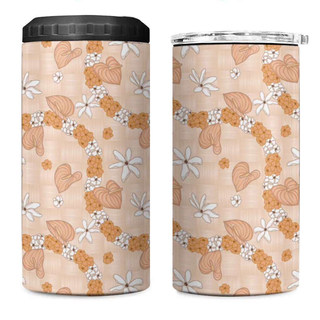Hawaii Anthurium Tiare Pikake Lei 4 in 1 Can Cooler Tumbler Alani Lauhala Art Pattern LT01 One Size: 16 oz Orange - Polynesian Pride