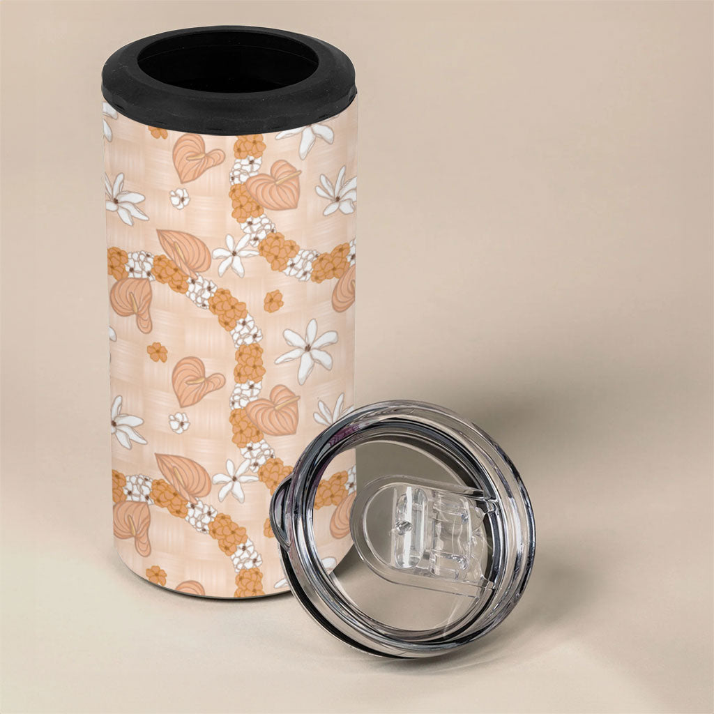 Hawaii Anthurium Tiare Pikake Lei 4 in 1 Can Cooler Tumbler Alani Lauhala Art Pattern LT01 - Polynesian Pride