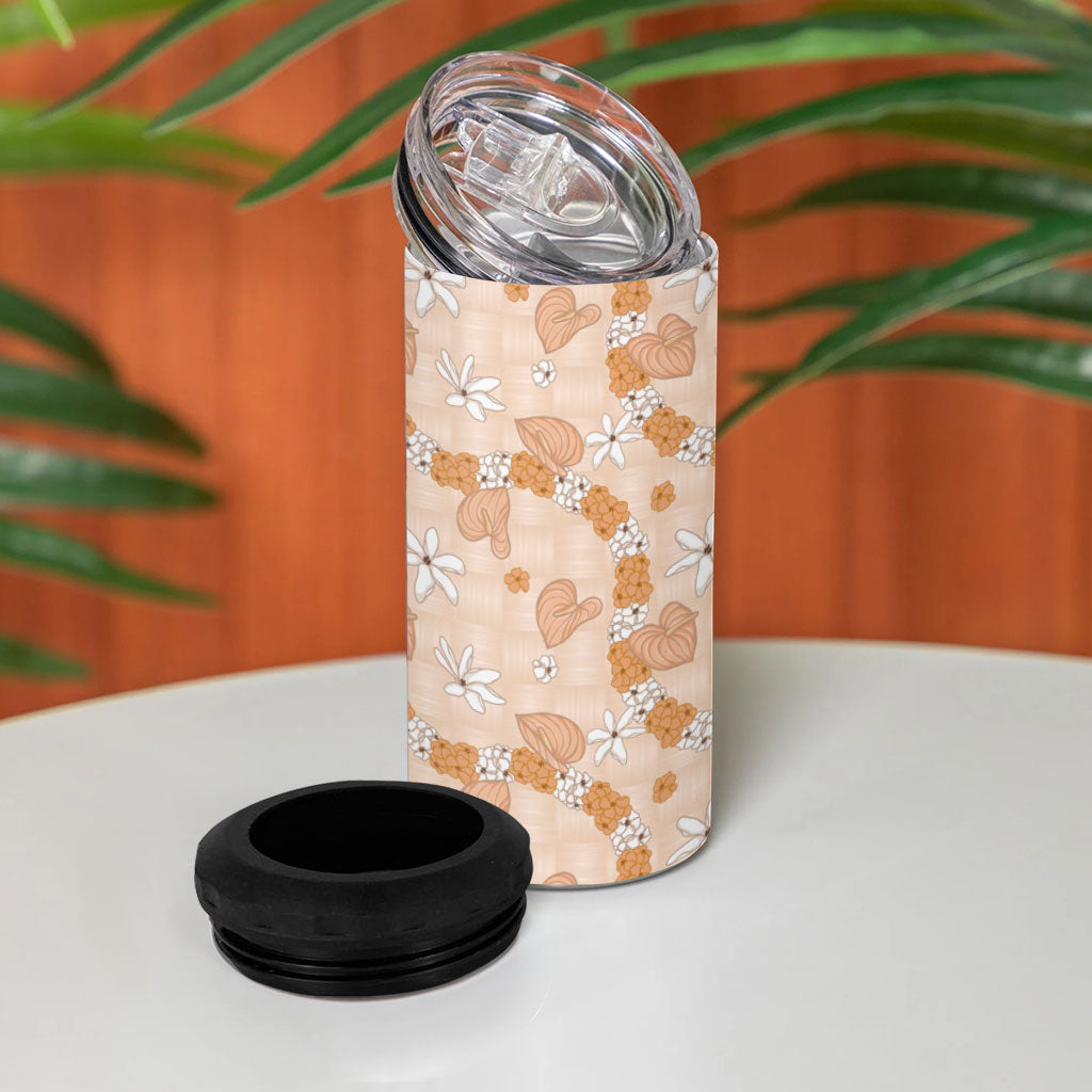 Hawaii Anthurium Tiare Pikake Lei 4 in 1 Can Cooler Tumbler Alani Lauhala Art Pattern LT01 - Polynesian Pride