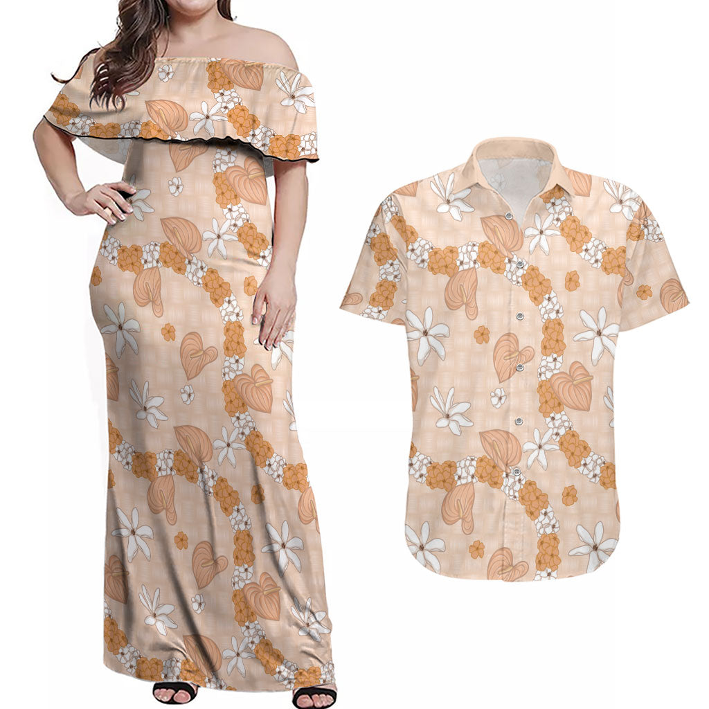 Hawaii Anthurium Tiare Pikake Lei Couples Matching Off Shoulder Maxi Dress and Hawaiian Shirt Alani Lauhala Art Pattern