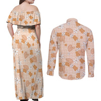 Hawaii Anthurium Tiare Pikake Lei Couples Matching Off Shoulder Maxi Dress and Long Sleeve Button Shirt Alani Lauhala Art Pattern