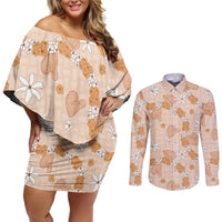 Hawaii Anthurium Tiare Pikake Lei Couples Matching Off Shoulder Short Dress and Long Sleeve Button Shirt Alani Lauhala Art Pattern LT01 Orange - Polynesian Pride