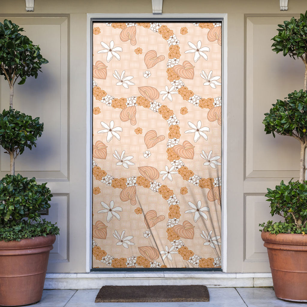 Hawaii Anthurium Tiare Pikake Lei Door Cover Alani Lauhala Art Pattern LT01 Orange - Polynesian Pride