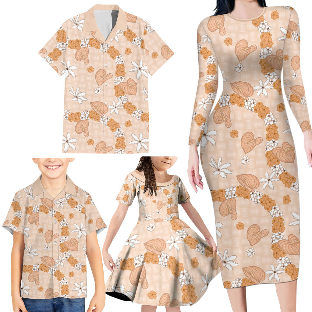 Hawaii Anthurium Tiare Pikake Lei Family Matching Long Sleeve Bodycon Dress and Hawaiian Shirt Alani Lauhala Art Pattern