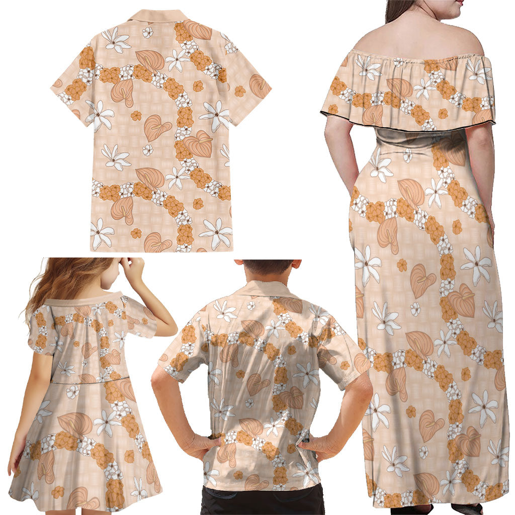 Hawaii Anthurium Tiare Pikake Lei Family Matching Off Shoulder Maxi Dress and Hawaiian Shirt Alani Lauhala Art Pattern