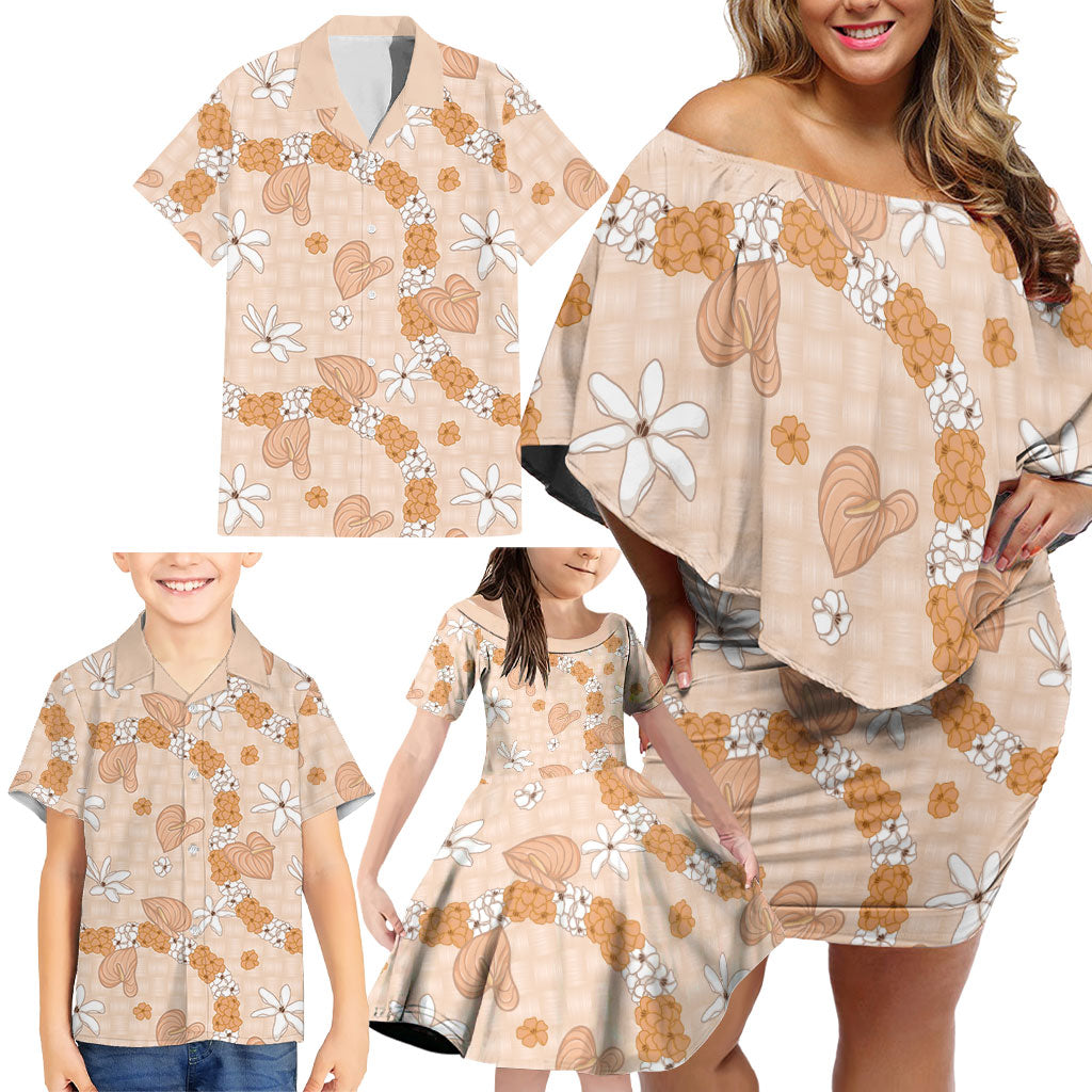 Hawaii Anthurium Tiare Pikake Lei Family Matching Off Shoulder Short Dress and Hawaiian Shirt Alani Lauhala Art Pattern