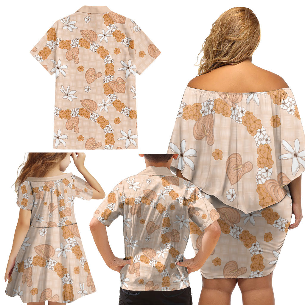 Hawaii Anthurium Tiare Pikake Lei Family Matching Off Shoulder Short Dress and Hawaiian Shirt Alani Lauhala Art Pattern