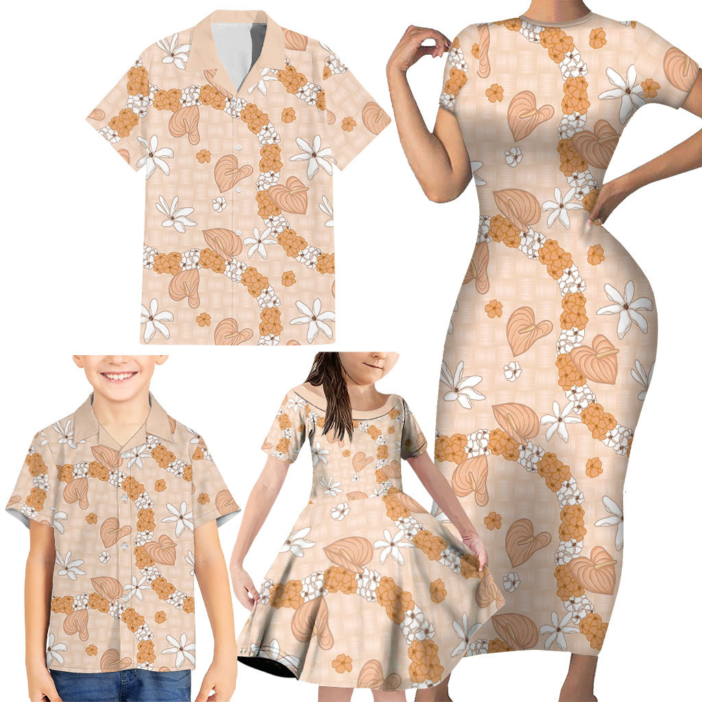 Hawaii Anthurium Tiare Pikake Lei Family Matching Short Sleeve Bodycon Dress and Hawaiian Shirt Alani Lauhala Art Pattern