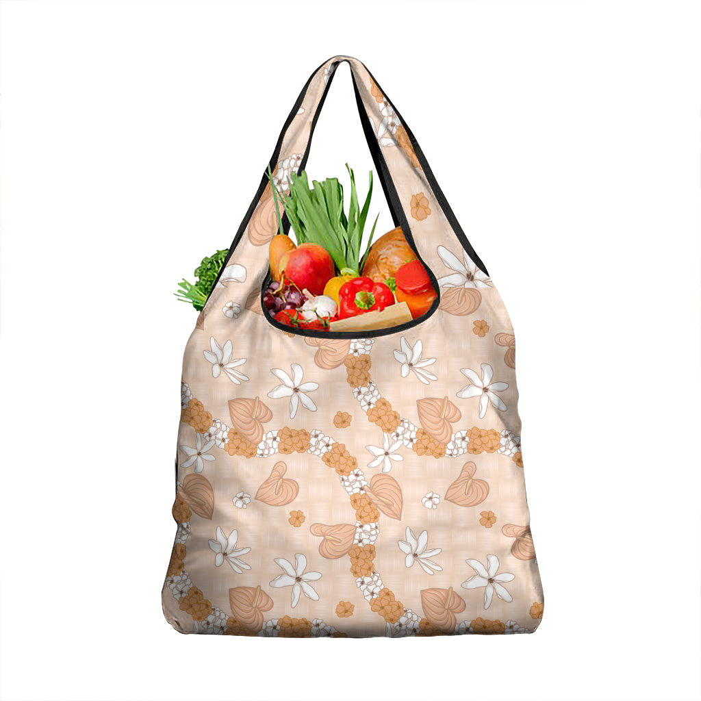 Hawaii Anthurium Tiare Pikake Lei Grocery Bag Alani Lauhala Art Pattern