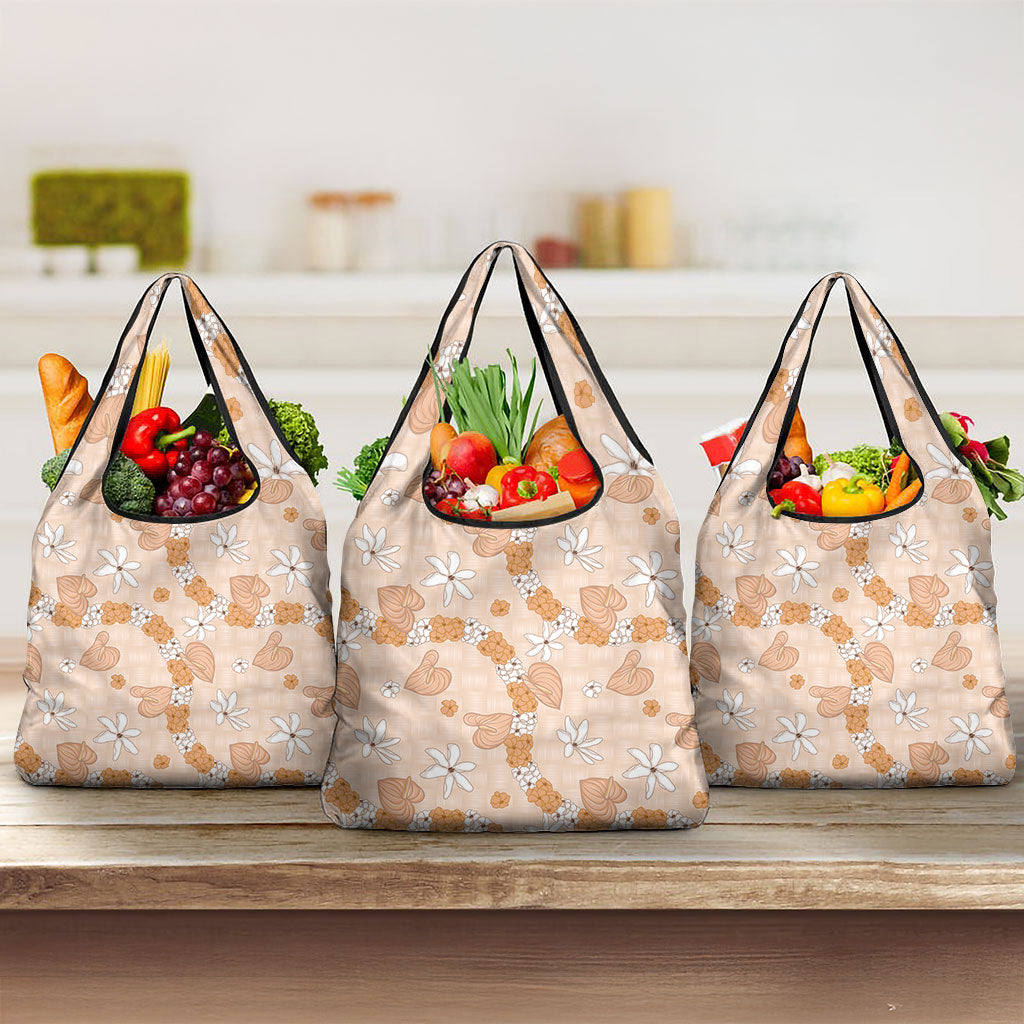 Hawaii Anthurium Tiare Pikake Lei Grocery Bag Alani Lauhala Art Pattern LT01 3-pack One Size Orange - Polynesian Pride