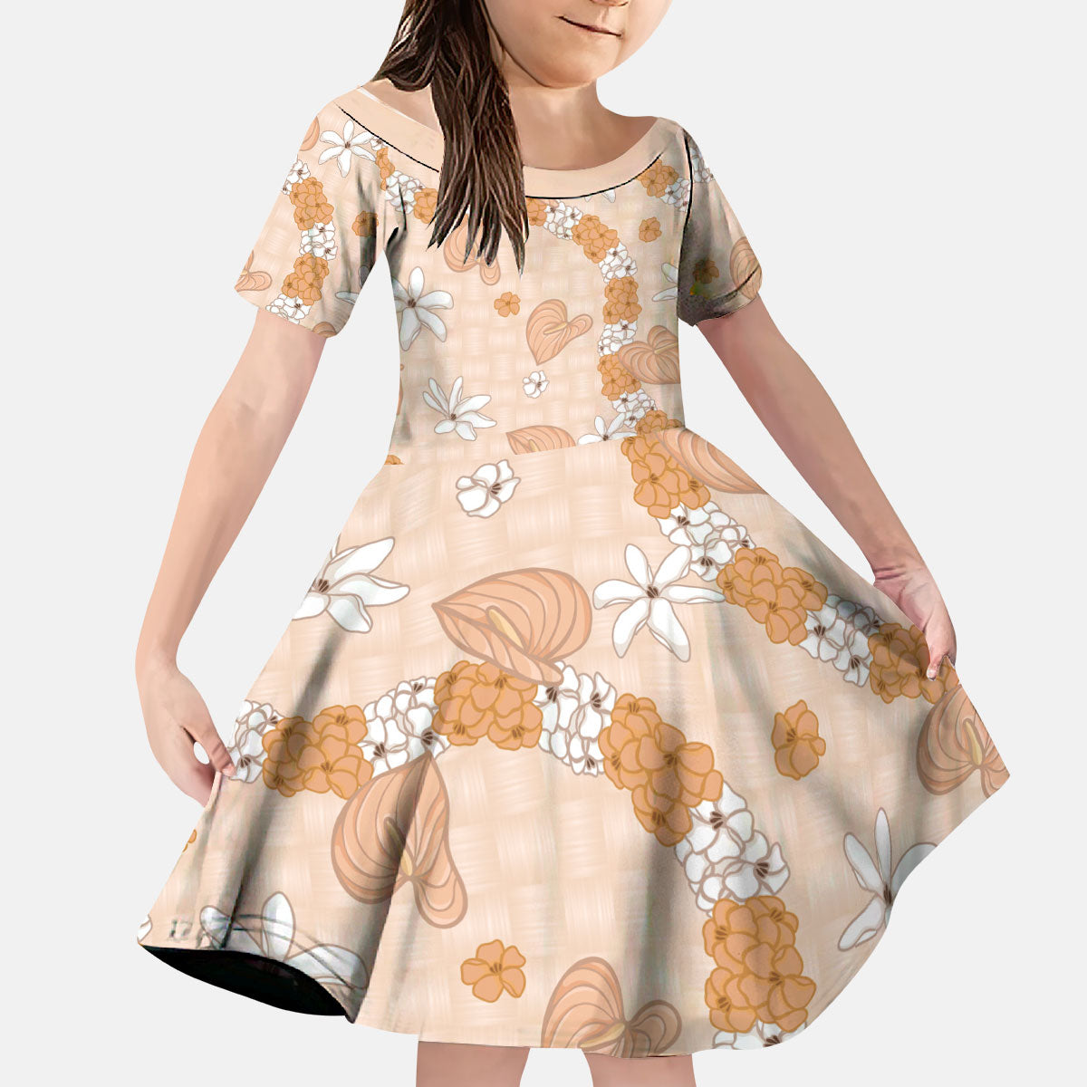 Hawaii Anthurium Tiare Pikake Lei Kid Short Sleeve Dress Alani Lauhala Art Pattern
