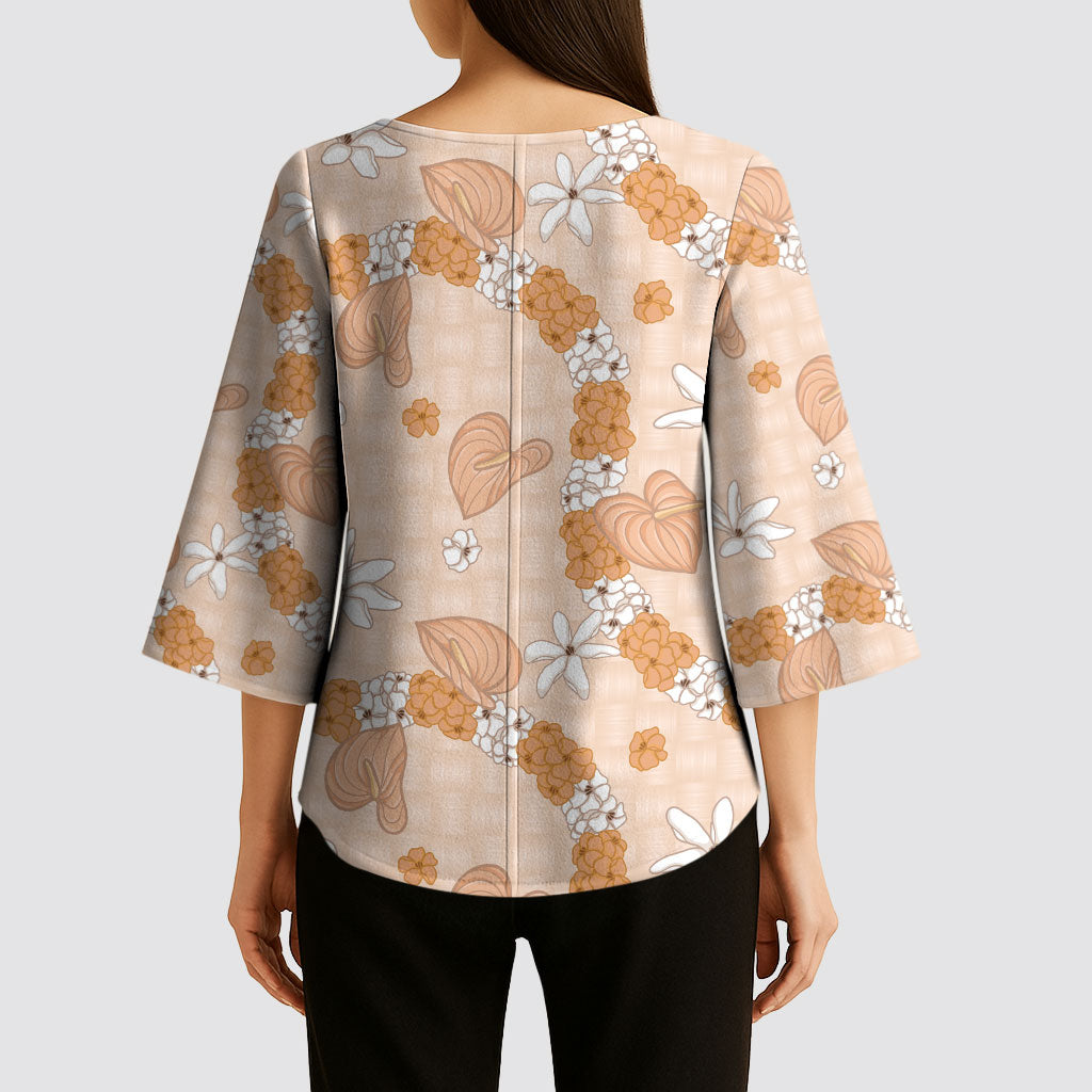 Hawaii Anthurium Tiare Pikake Lei Kimono Sleeve Blouse Alani Lauhala Art Pattern LT01 - Polynesian Pride