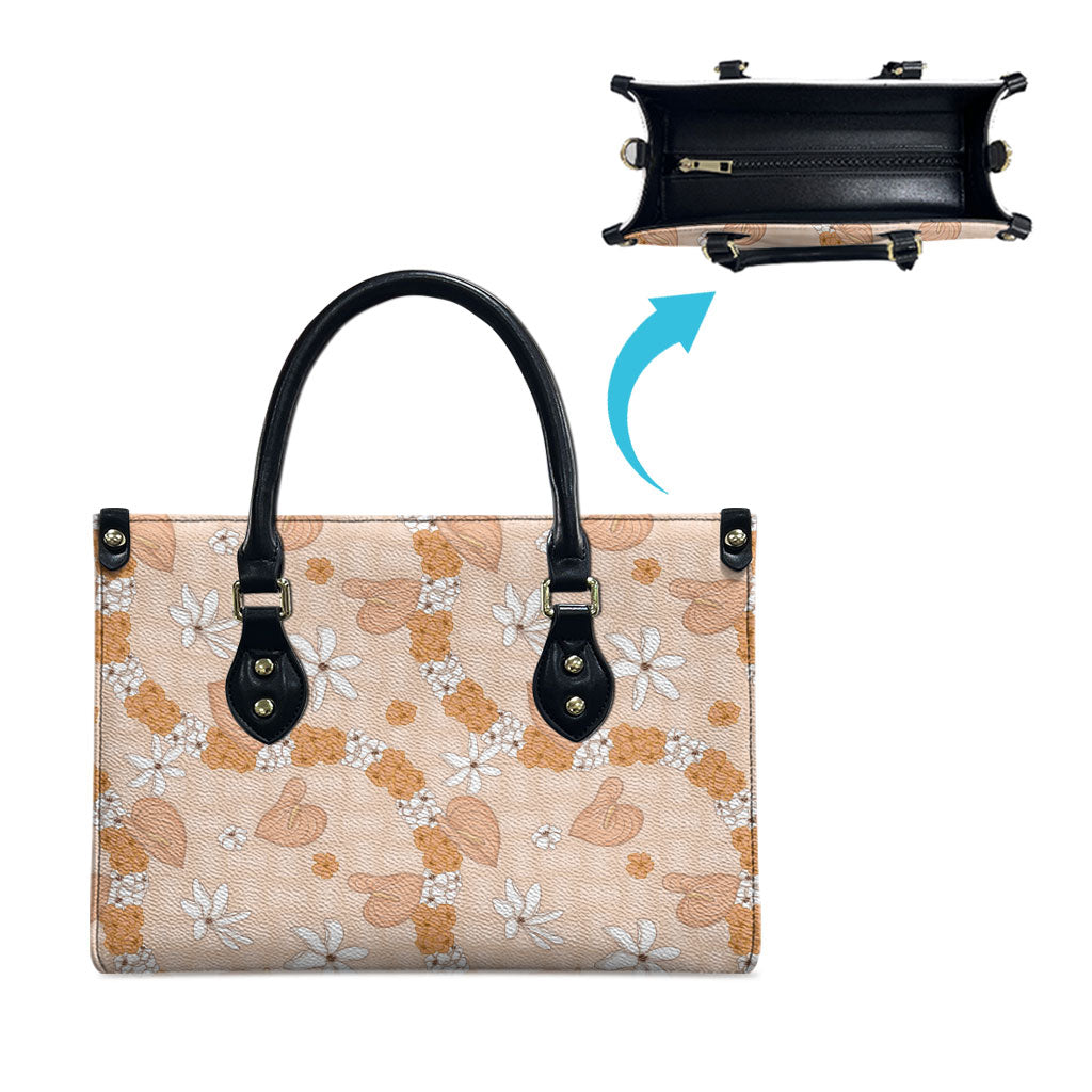 Hawaii Anthurium Tiare Pikake Lei Leather Bag Alani Lauhala Art Pattern