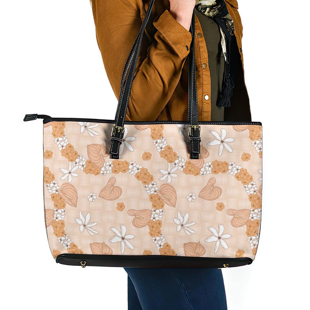Hawaii Anthurium Tiare Pikake Lei Leather Tote Bag Alani Lauhala Art Pattern LT01 - Polynesian Pride