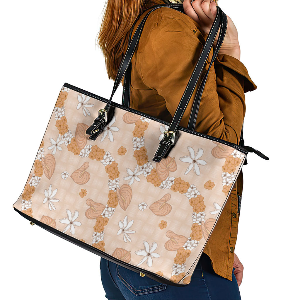 Hawaii Anthurium Tiare Pikake Lei Leather Tote Bag Alani Lauhala Art Pattern LT01 - Polynesian Pride