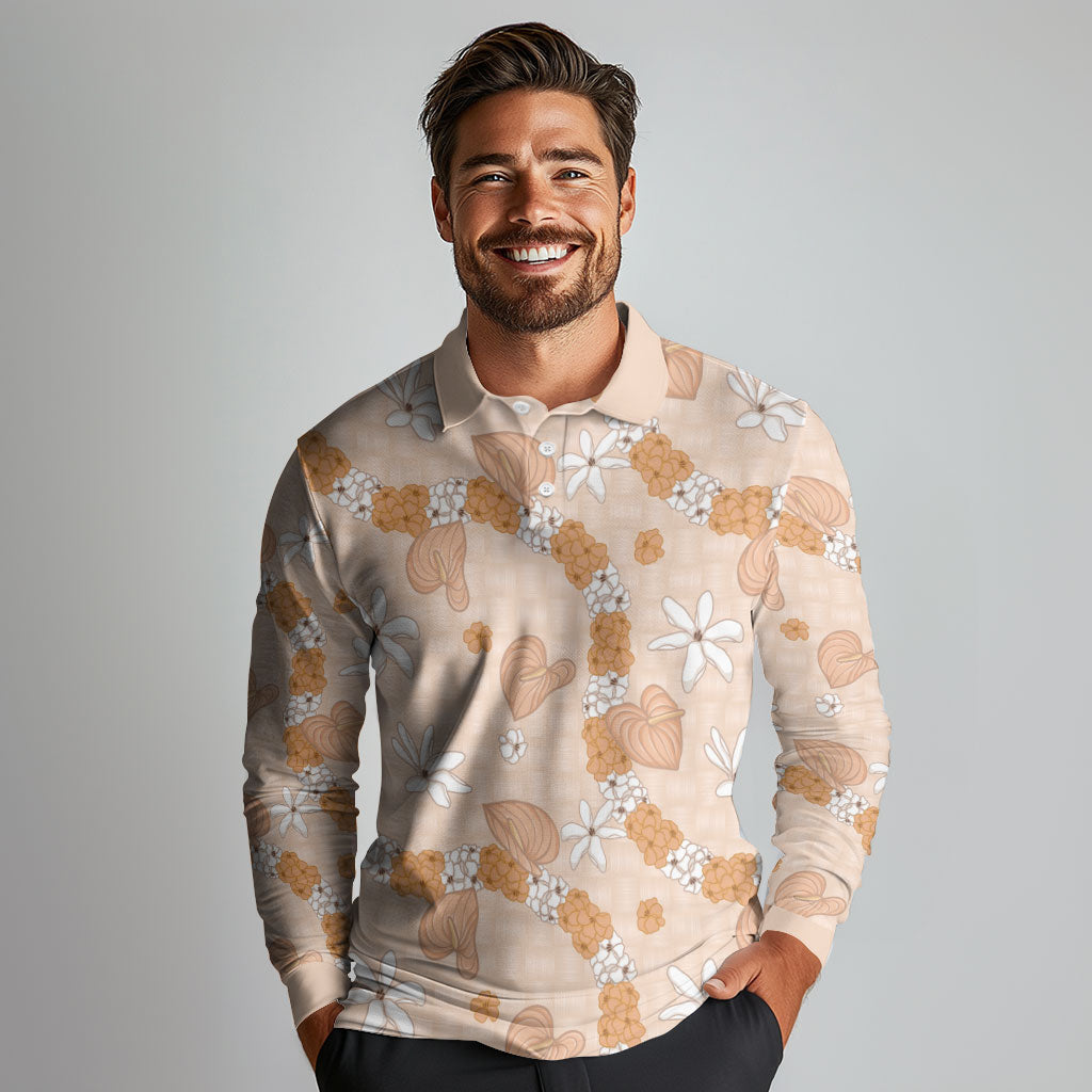 Hawaii Anthurium Tiare Pikake Lei Long Sleeve Polo Shirt Alani Lauhala Art Pattern LT01 - Polynesian Pride