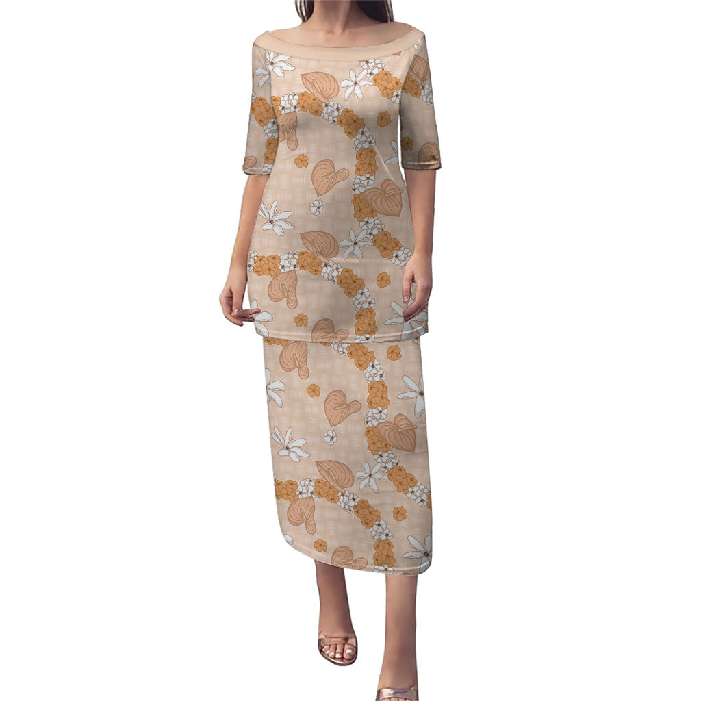 Hawaii Anthurium Tiare Pikake Lei Puletasi Alani Lauhala Art Pattern LT01 Long Dress Orange - Polynesian Pride