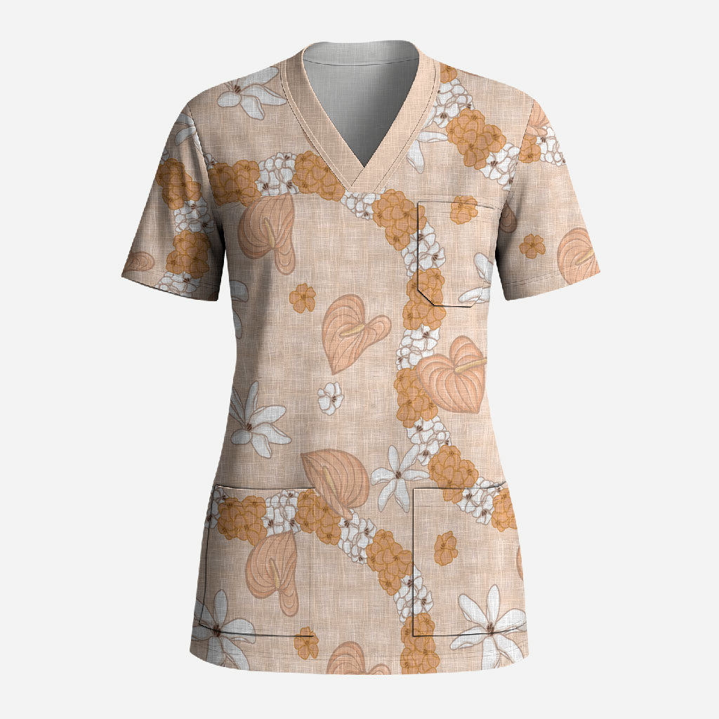 Hawaii Anthurium Tiare Pikake Lei Scrub Top Alani Lauhala Art Pattern LT01 Adult Orange - Polynesian Pride