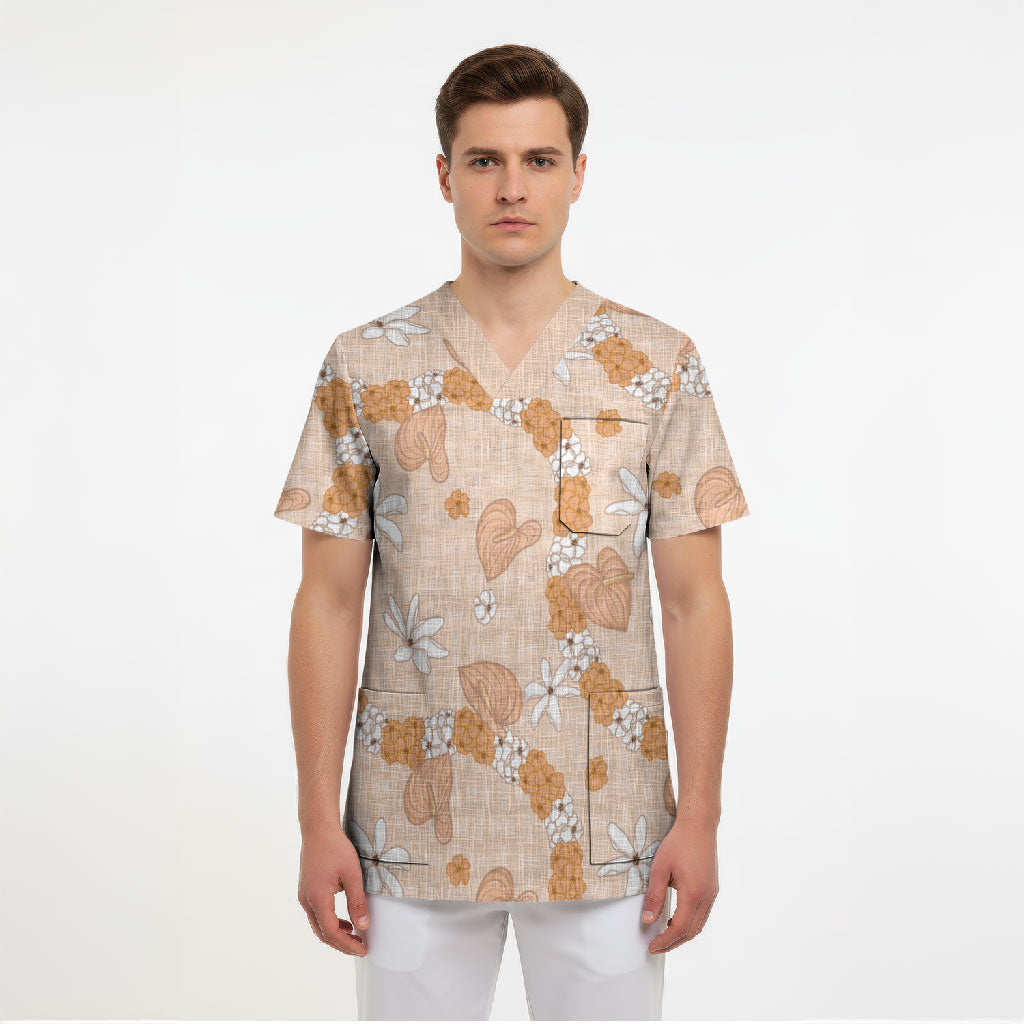 Hawaii Anthurium Tiare Pikake Lei Scrub Top Alani Lauhala Art Pattern LT01 - Polynesian Pride