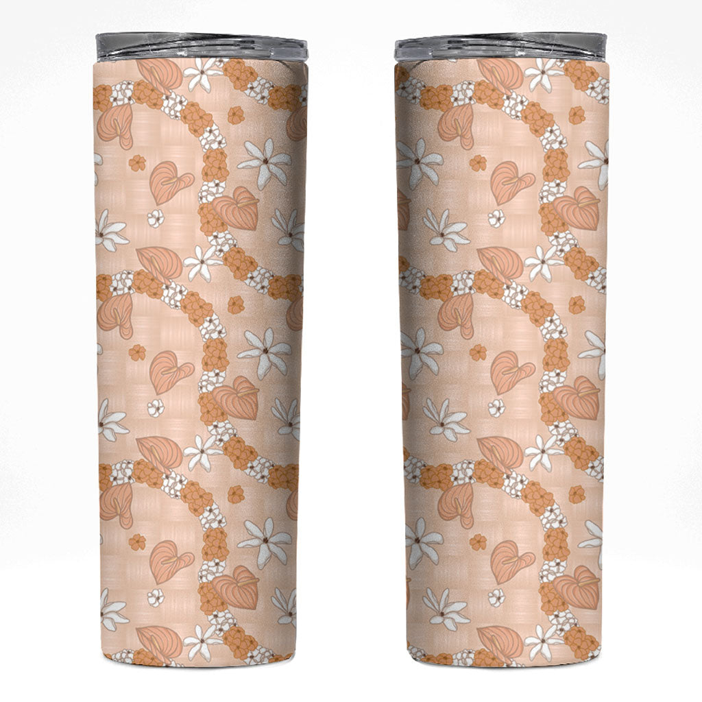 Hawaii Anthurium Tiare Pikake Lei Skinny Tumbler Alani Lauhala Art Pattern LT01 Orange - Polynesian Pride