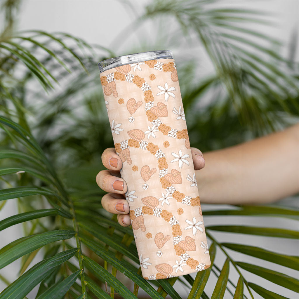 Hawaii Anthurium Tiare Pikake Lei Skinny Tumbler Alani Lauhala Art Pattern LT01 - Polynesian Pride