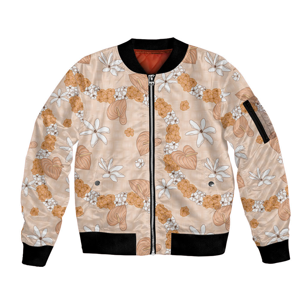 Hawaii Anthurium Tiare Pikake Lei Sleeve Zip Bomber Jacket Alani Lauhala Art Pattern