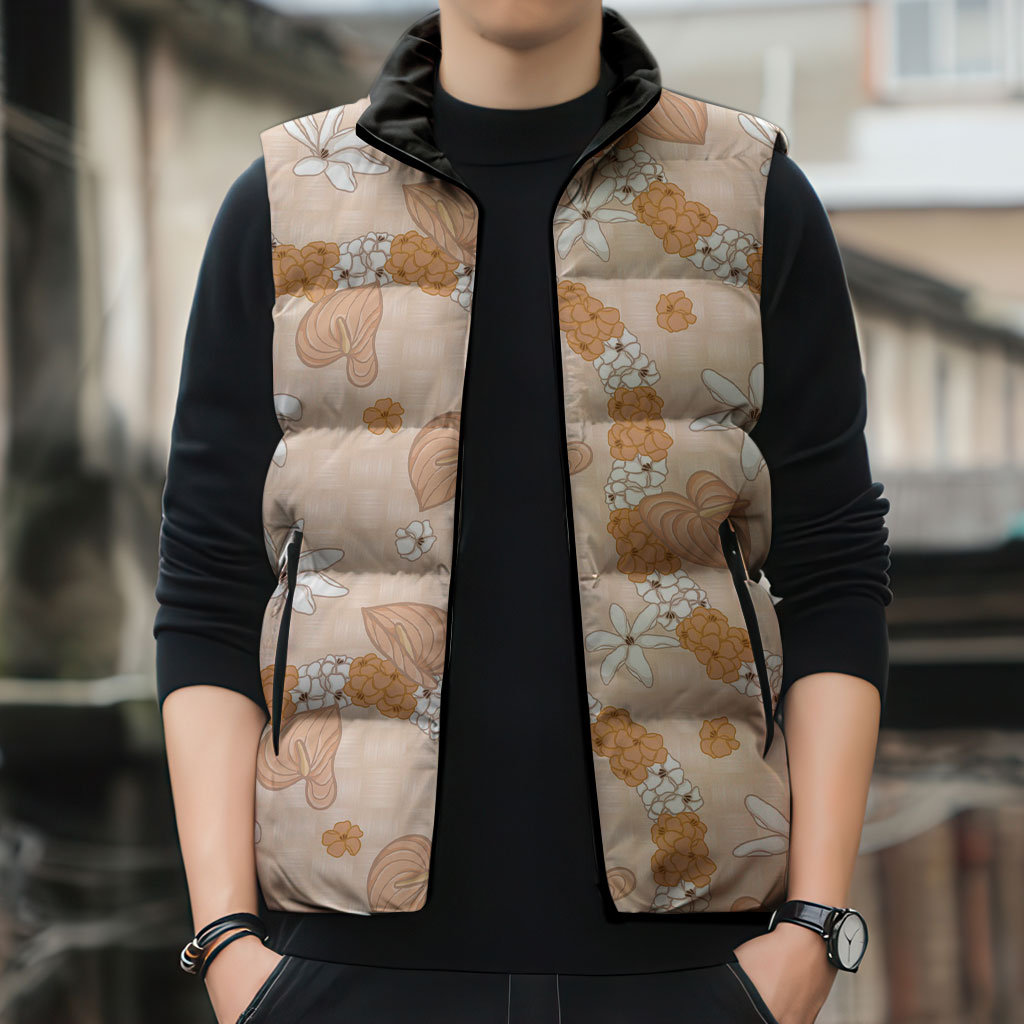 Hawaii Anthurium Tiare Pikake Lei Sleeveless Puffer Jacket Alani Lauhala Art Pattern LT01 - Polynesian Pride