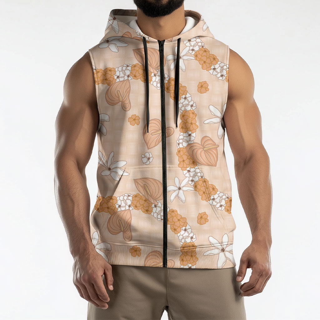 Hawaii Anthurium Tiare Pikake Lei Sleeveless Zip Hoodie Alani Lauhala Art Pattern