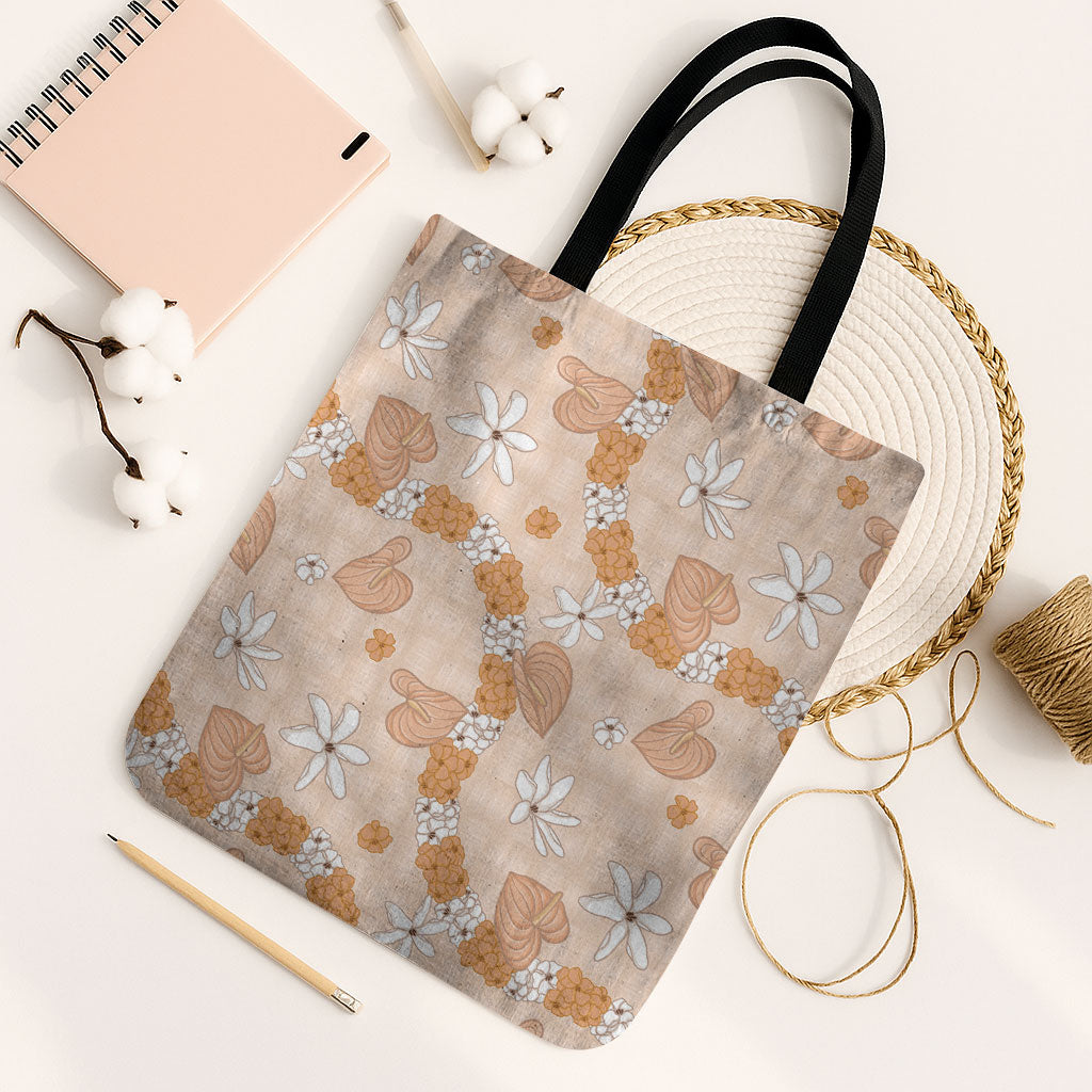 Hawaii Anthurium Tiare Pikake Lei Tote Bag Alani Lauhala Art Pattern LT01 Black Strap One Size Orange - Polynesian Pride