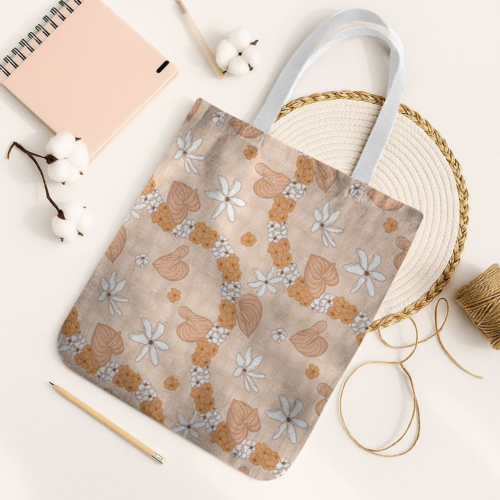 Hawaii Anthurium Tiare Pikake Lei Tote Bag Alani Lauhala Art Pattern LT01 White Strap One Size Orange - Polynesian Pride
